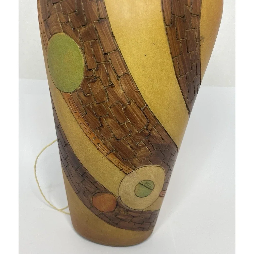Vtg. MCM Large Polystone Vase Bottle Faux Wood Beaded Cabin Rustic Decor Rare